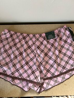 Satin Boxer Pajama Shorts brown/pink plaid with lace trim
